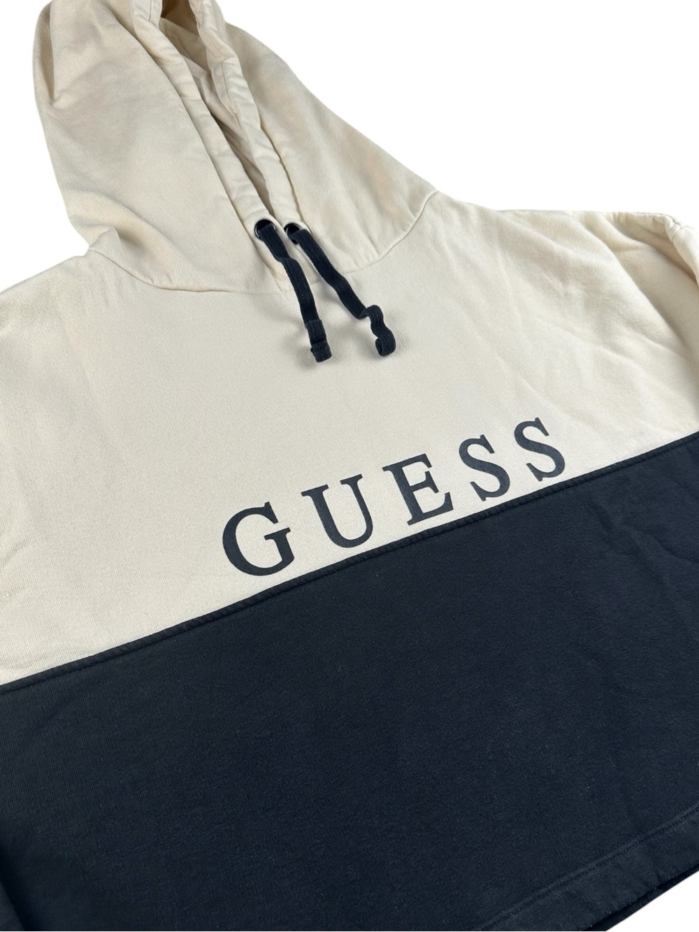 GUESS Colorblock Cropped Logo Hoodie Cream Black Sweatshirt Small - Picture 6 of 9